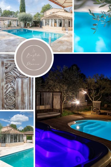 Piscine et Jacuzzi a La Bastide du murier, Chambre d'hôtes , Cotignac, Var Piscine élégante avec éclairage nocturne, entourée d'une végétation luxuriante.